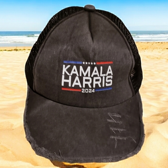 Kamala Harris Hat Black Frayed 47 Campaign Trucker Cap Red White Blue Mesh New - Picture 2 of 8